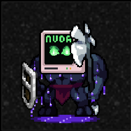 Pixel art character with a TV/computer monitor for a head displaying 'NUDA' in green text, glowing green eyes, holding an axe in one hand and a shield in the other, standing on a purple puddle.