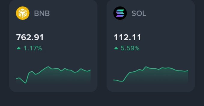 A cryptocurrency price widget showing BNB at 762.91 (+1.17%) and SOL at 112.11 (+5.59%) with green line charts on a dark background.