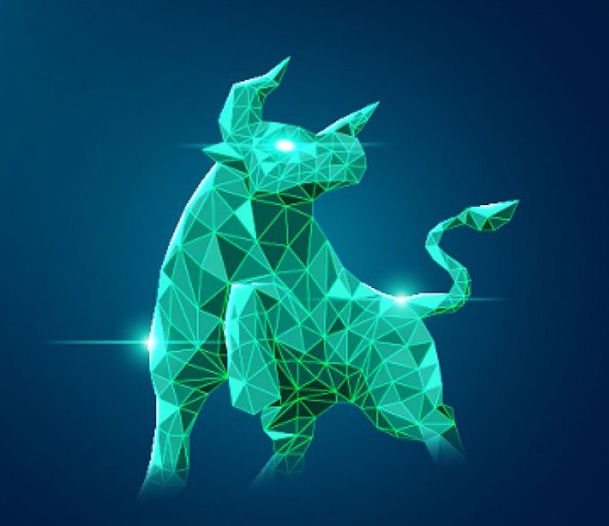 A neon green polygonal wireframe illustration of a creature resembling a horned dinosaur or dragon, glowing against a dark blue background with bright light flares.