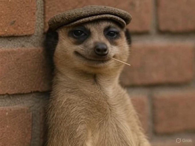 A meerkat wearing a flat cap holds a piece of straw in its mouth with a calm, unbothered expression against a brick wall, with a "Grok" watermark in the corner. The image perfectly captures the post's humor—a zen, steady meerkat unfazed by crypto's wild price swings, embodying chill indifference whether the market is pumping or crashing.