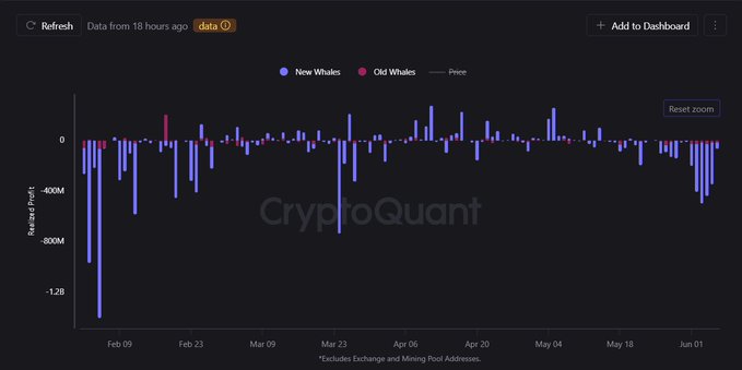 The image shows a chart that displays the daily fluctuations of Bitcoin prices from January through May. The chart features dark blue lines indicating price changes for Bitcoins, with peaks and valleys representing high and low points in the price history. The title "Bitcoin Whales" is prominently displayed above the chart. One line represents the price of Bitcoins over time, while another line shows the price fluctuations during a specific period within that day. It appears that Bitcoin whales have realized $1,944,000,000 in losses this month.