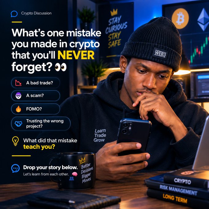 Crypto Discussion social media graphic asking 'What's one mistake you made in crypto that you'll NEVER forget?' with options like bad trade, scam, FOMO, and trusting the wrong project.