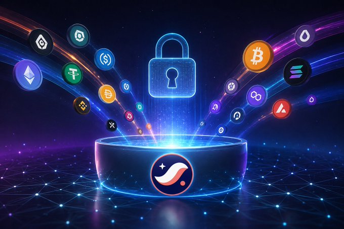 A digital illustration featuring a glowing padlock above a platform, surrounded by floating cryptocurrency logos including Bitcoin, Ethereum, and others.