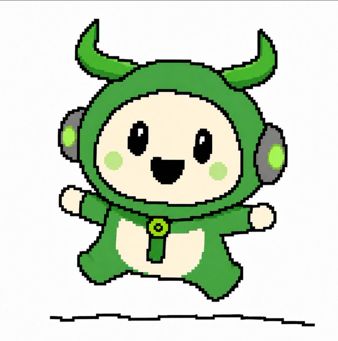 A simple pixel-art drawing of a cute green baby cow character wearing a green hooded outfit with horn-like ears and headphones, drawn in MS Paint style.