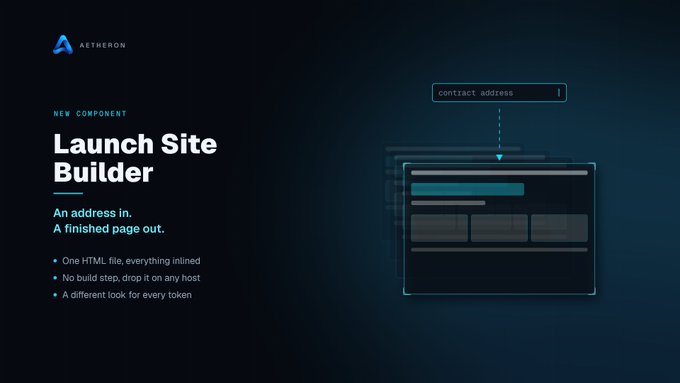 A promotional slide for 'AETHERON' introducing a 'Launch Site Builder' component, described as 'An address in. A finished page out.' with a contract address input mockup.