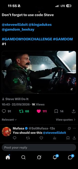 Screenshot of an X (formerly Twitter) post promoting a referral code 'Steve', featuring a video from 'Steve Will Do It' posted on 22/09/2026, with hashtags '#GAMDOM100KCHALLENGE' and '#GAMDOM'.