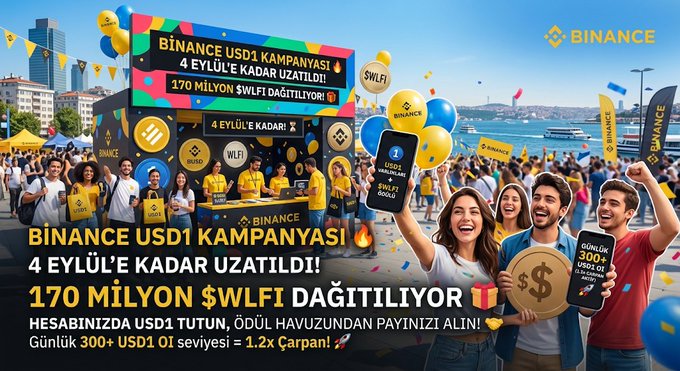 Promotional banner from Binance for a 'USD1 KAMPANYASI' offering 170 million $WLFI, running until September 4, with 300+ USD1 daily earning 1.2x boost.