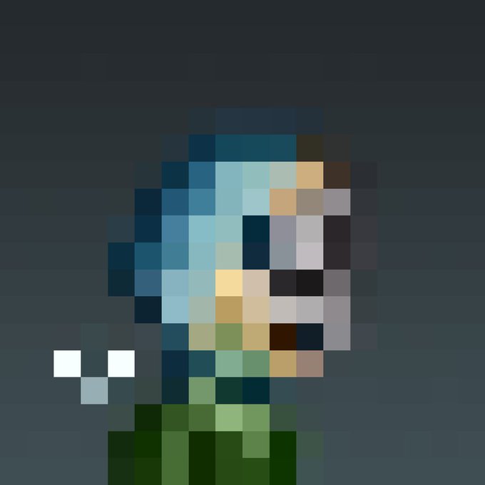 A highly pixelated, low-resolution image shows a stylized character wearing a green outfit with a light blue and tan face, likely an avatar or NFT artwork. The pixel art aligns with the post's reference to a 1-of-1 NFT asset being traded between members of the "RaiderNation" community.