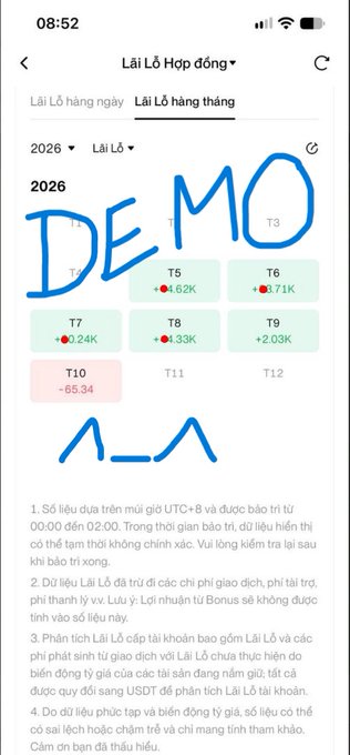 A mobile app screen showing a monthly calendar view with financial data, overlaid with blue handwritten text 'DEMO' and a face emoticon.