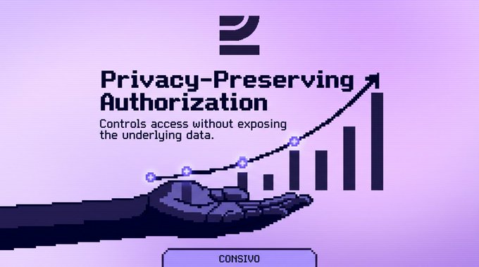 A pixel-art style graphic for 'Privacy-Preserving Authorization' with the tagline 'Controls access without exposing the underlying data,' depicting a hand holding a line chart trending upward.