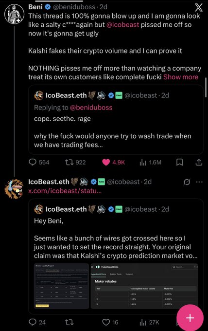 Two X (Twitter) posts from users Beni (@beniduboss) and IcoBeast.eth (@icobeast) are visible, with Beni complaining that the thread is blowing up and tagging @icobeast, while IcoBeast.eth replies with "cope. seethe. rage. why the fuck would anyone try to wash trade when we have trading fees..." and shares a screenshot with claims about Kalshi's crypto prediction market volume.