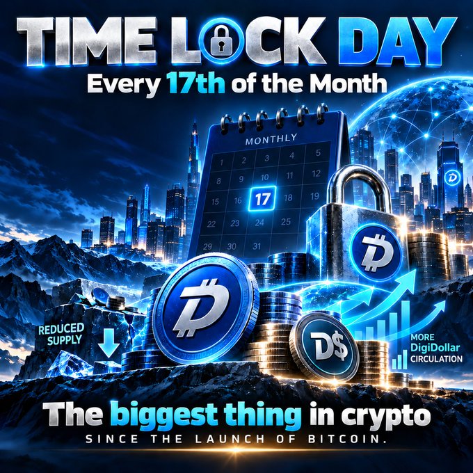 A promotional graphic titled 'TIME LOCK DAY Every 17th of the Month' proclaims 'The biggest thing in crypto SINCE THE LAUNCH OF BITCOIN' alongside a calendar, padlock, DigiDollar (D$) coin, and blue Bitcoin-themed cityscape.