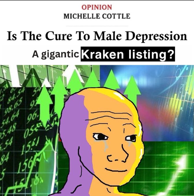 An opinion editorial graphic by Michelle Cottle titled 'Is The Cure To Male Depression A gigantic Kraken listing?' showing an illustrated purple and orange figure in front of upward green stock arrows.