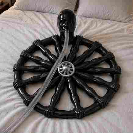A black circular fan with a central hub and wrapped radial spokes, connected to a flexible hose, rests on a white pillow. The unusual industrial design gives the fan an eerie, sculptural quality—perhaps reflecting a longing for cool air on a warm morning greeting.