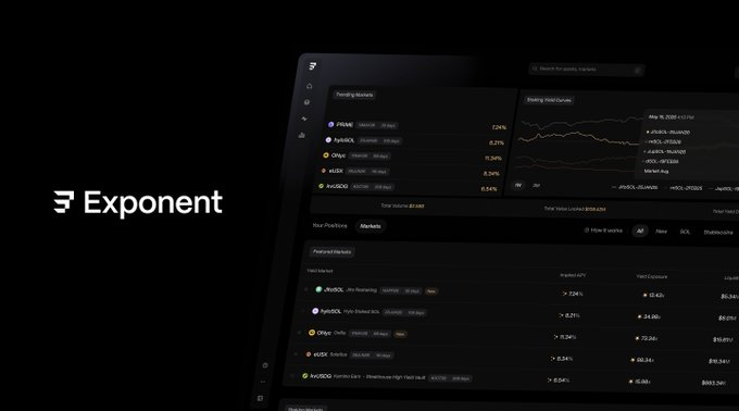 A dark-themed promotional image or screenshot for a financial platform called 'Exponent', displaying a dashboard with trending and featured tokens like PRIME, BANANA, AVGO, and others, along with price charts.
