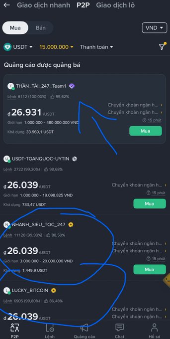 A Vietnamese cryptocurrency trading app (P2P) screen showing USDT buy offers at prices around 26.931 and 26.039 VND from sellers like THAN_TAI_247_Team1, USDT-TOANQUOC-UYTIN, NHANH_SIEU_TOC_247, and LUCKY_BITCOIN, with blue hand-drawn circles and arrows overlaid.