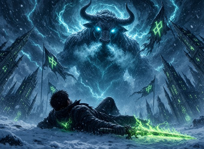 A lone warrior clutches a glowing green sword while facing a giant bull-headed demon surrounded by lightning and war banners in a dark frozen wasteland.

The image's fantasy battle imagery ties into the post's call-to-action to follow and participate in a $ANSEM token giveaway, though no text is visible in the image itself.