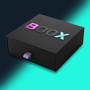 A black rectangular box with the colorful text 'Boox' sits on a teal gradient background.