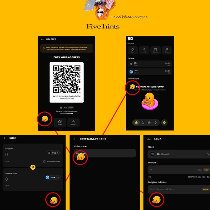 An instructional graphic titled 'Five hints' showing screenshots of a crypto wallet app interface, demonstrating how to use features for receiving, swapping, editing wallet names, and sending SOL and USDC tokens.