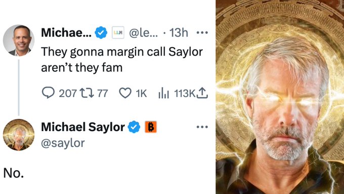 In the image, a man can be seen wearing sunglasses with his face lit up by a green light behind him. The background of the picture features some text that reads "Michael Saylor says they're not getting margin called". The photo includes other people in the scene but is mainly focused on the man with the green light effect and the caption below it.