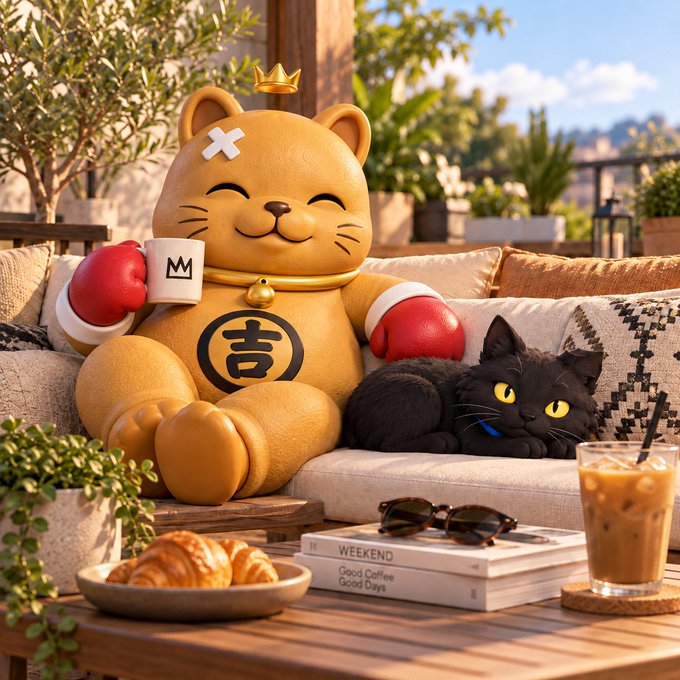 A 3D-rendered, golden lucky cat (maneki-neko) wearing red boxing gloves sits on a patio sofa next to a black cat, with a table displaying a croissant, iced coffee, and books titled 'WEEKEND', 'Good Coffee', and 'Good Days'.