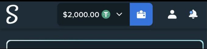 The image shows a navigation bar from what appears to be a betting or wallet platform (likely Sportsbet or similar), displaying a balance of "$2,000.00" with a green "T" (likely USDT/Tether) currency selector, a briefcase icon, profile, and notification bell. It relates to the post as visual "proof" that the user has notifications enabled, which is required to claim the $20 reward.