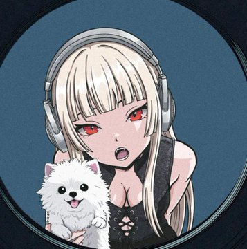An anime-style illustration of a blonde girl with red eyes wearing headphones and a revealing outfit, holding a small white fluffy dog, framed in a circular border.
