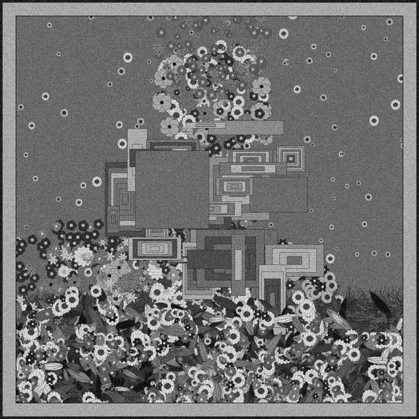 A grayscale, abstract collage featuring geometric rectangular shapes overlaid on a floral pattern with a grainy texture and circular spots throughout.