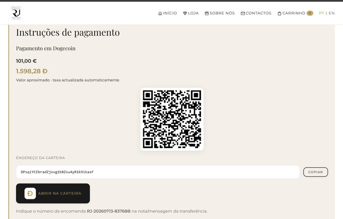 A Portuguese payment instructions page for a 101.00 € (1,598.28 Dogecoin) order from 'RJ', displaying a QR code and Dogecoin wallet address 'DPsqiYCEbra6Zjxwgib8Zsu4yRik91kasF' with an order reference RJ-20260713-83768B.