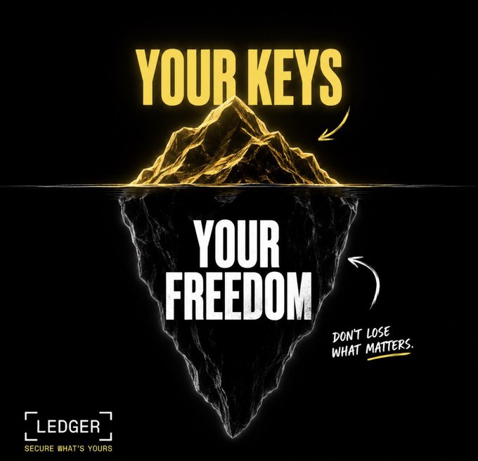 A Ledger crypto wallet advertisement featuring a glowing golden iceberg above water labeled "YOUR KEYS" and its dark reflection below labeled "YOUR FREEDOM," with the tagline "DON'T LOSE WHAT MATTERS" and Ledger's "SECURE WHAT'S YOURS" logo.