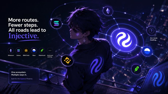 An advertisement for Injective reads 'More routes. Fewer steps. All roads lead to Injective.' featuring an anime-style character surrounded by logos for Ethereum, Solana, BNB Chain, Base, and Robinhood.