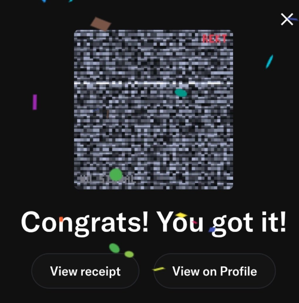 A 'Congrats! You got it!' screen with confetti showing a pixelated black and white static-like NFT image from Rekt Tradeooor, with options to 'View receipt' or 'View on Profile'.