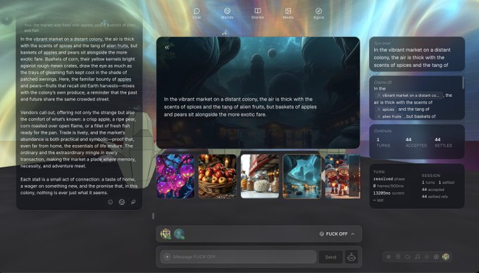 A streaming interface for 'FUCK OFF' showing a narrative text about a vibrant market on a distant colony, accompanied by various artwork images and stats showing 1 turned, 44 accepted, 44 settled.