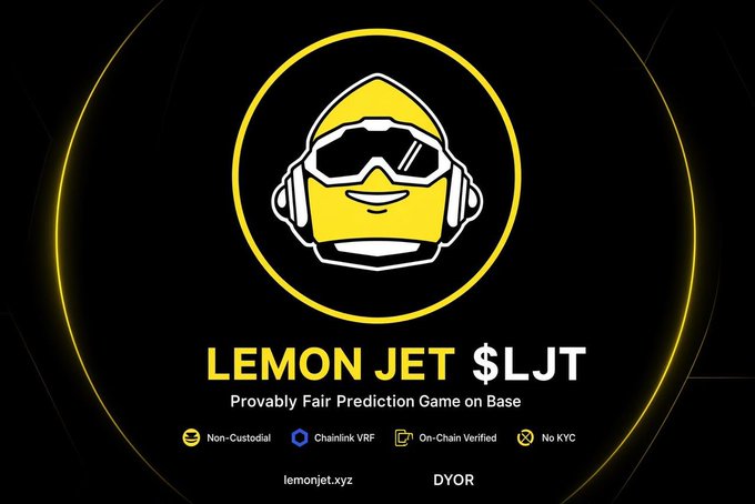 A logo for 'LEMON JET $LJT' features a yellow character wearing a helmet and goggles, promoting a 'Provably Fair Prediction Game on Base' at lemonjet.xyz.