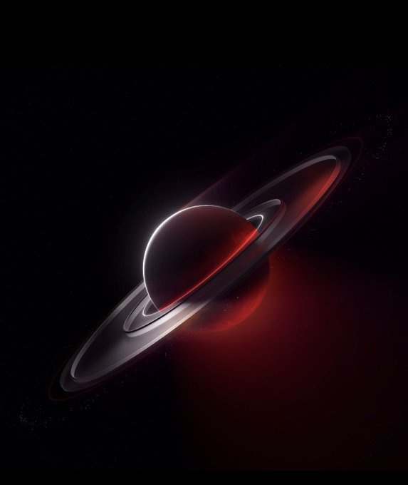 An artistic rendering of a planet resembling Saturn with prominent rings, illuminated by a striking red glow against a dark starry space background.