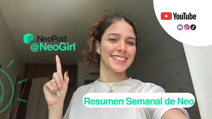 A woman smiles and points upward in a YouTube thumbnail for NeoPod @NeoGirl, titled 'Resumen Semanal de Neo'.