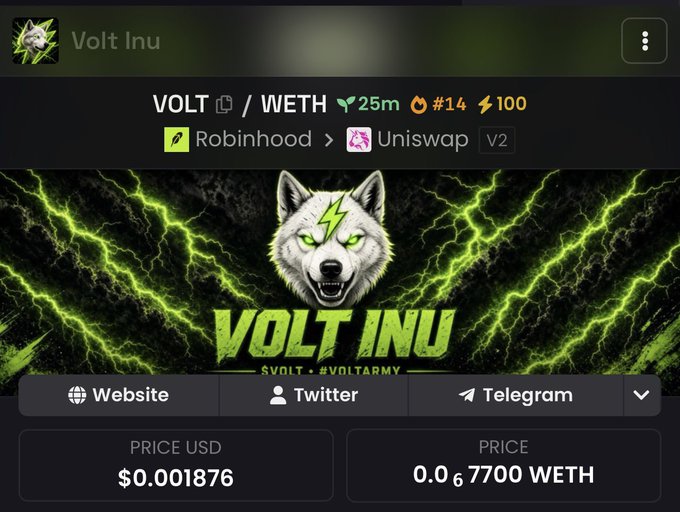 A cryptocurrency tracking interface displays 'Volt Inu' (VOLT / WETH) showing a price of '$0.001876' and '0.0₆7700 WETH' alongside a green wolf logo on a lightning background.