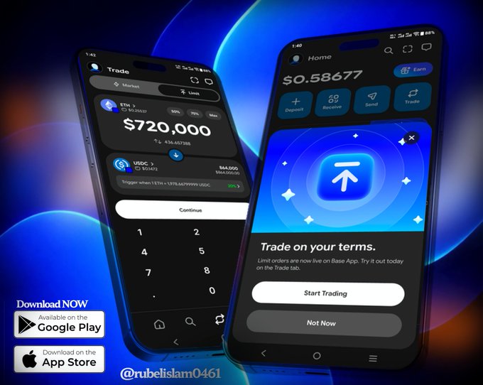The image shows two cell phones, one black and one blue, both displaying a trading app called "Base Transaction Efficiency" with an upward arrow symbolizing an increase or growth in value. The phones are positioned side by side, emphasizing their connection to the app's content. The background of the image is dark blue, which contrasts with the white text on the phones' screens and highlights the importance of the app being displayed prominently.
