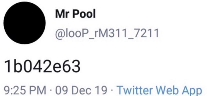 A tweet from 'Mr Pool' (@looP_rM311_7211) posted on Dec 09, 2019, with the text '1b042e63'.