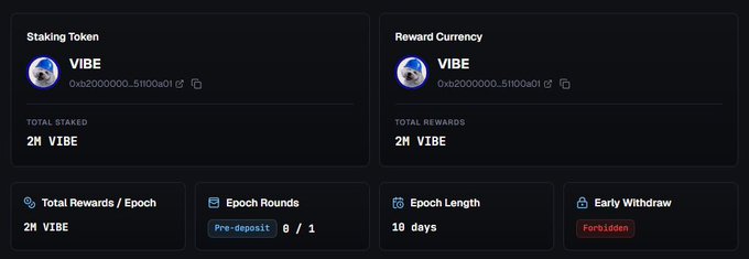 A staking dashboard for Epoch 1 of the VIBE token on o1.exchange displays 2M VIBE total staked and a 2M VIBE reward pool across a 10-day epoch, currently in Pre-deposit stage (8/1) with early withdraw forbidden. The image visually confirms the key details from the announcement—2M VIBE rewards, 10-day epoch length, and pre-deposit phase—of the newly launched staking vault.