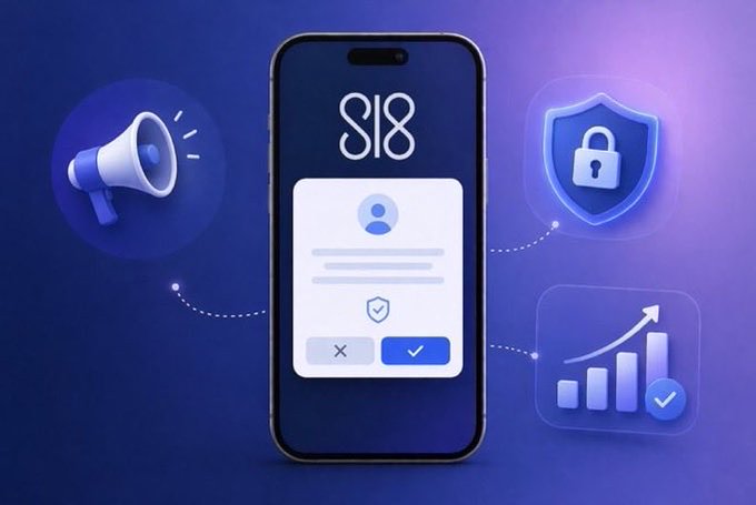 A 3D rendered illustration of a smartphone displaying a user profile/contact card interface, surrounded by floating icons representing marketing (megaphone), security (shield with lock), and analytics (rising bar chart with checkmark), all on a purple gradient background.