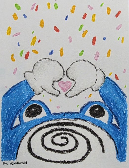A childlike drawing by @kingpolwhirl showing two hands making a heart with a pink heart in the middle above a blue face with a spiral mouth, surrounded by confetti.