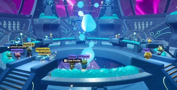 The image features a group of people standing around, with some of them holding signs that say "Focus on what is in the image and how it relates to the post #koda Council @Otherside Meta". The scene takes place within a virtual environment designed like a spaceship or an underwater cave, which adds to the overall atmosphere.