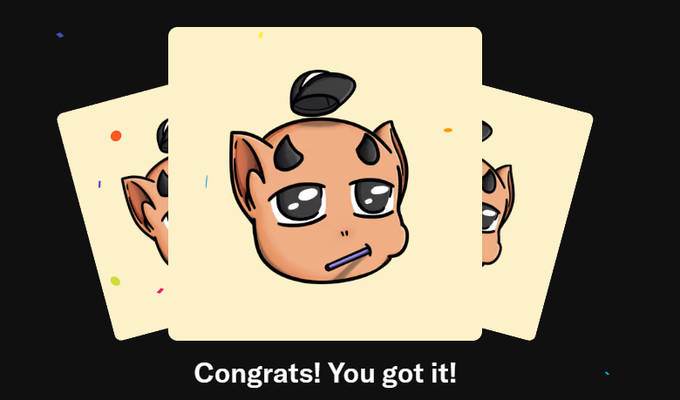 A cartoon illustration of three overlapping cards featuring a cute orange devil-like character with horns and big eyes, with the text 'Congrats! You got it!' below.
