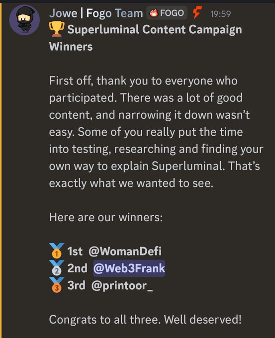 A Telegram message from 'Jowe | Fogo Team' announcing the winners of the Superluminal Content Campaign, listing @WomanDefi, @Web3Frank, and @printoor_.