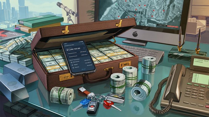 An illustrated digital artwork depicting wealth symbols including an open briefcase full of cash, gold bars, car keys, a phone, and a computer monitor showing a map.