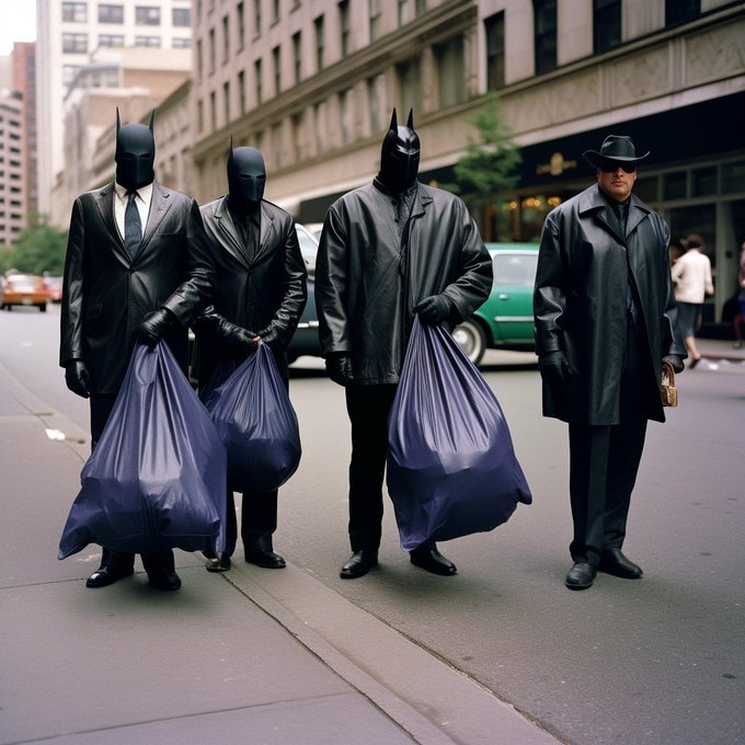 Four figures in black leather Batman masks and trench coats stand on a city sidewalk holding large garbage bags, while a fifth man in a fedora holds a briefcase. The scene visually echoes the post's "Black out" NFT artwork theme—likely a sold piece from the artist's collection—reimagining Gotham's dark vigilante imagery as street-level garbage collectors with a noir aesthetic.
