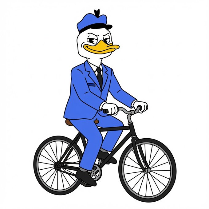 A cartoon illustration of a white duck character wearing a blue suit, tie, and matching cap while riding a black bicycle.