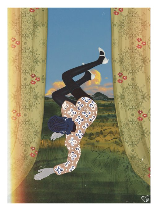 An illustrated collage showing a person upside down in a floral shirt and tights, framed by floral curtains against a landscape with mountains and a sunset sky.