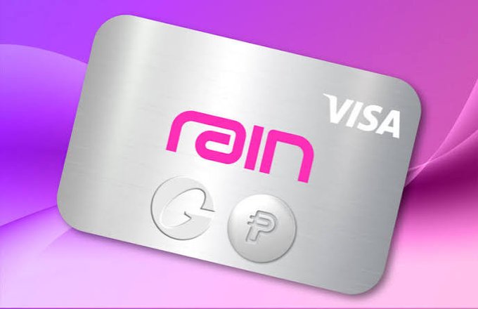 A silver Visa card with a pink 'rain' logo displayed against a pink and purple gradient background.